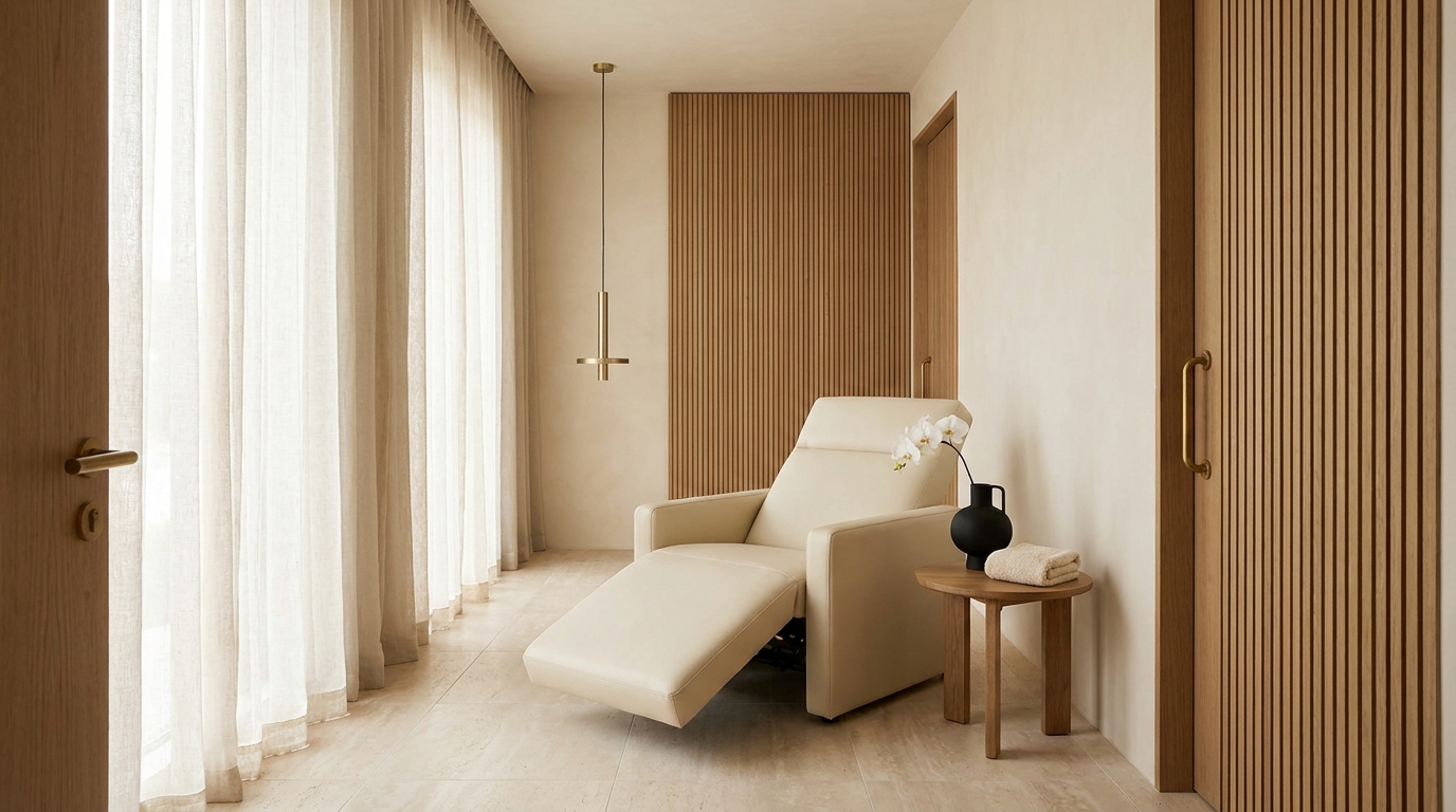 Modern editorial-style aesthetic clinic treatment room interior with soft natural lighting and cream and oak finishes